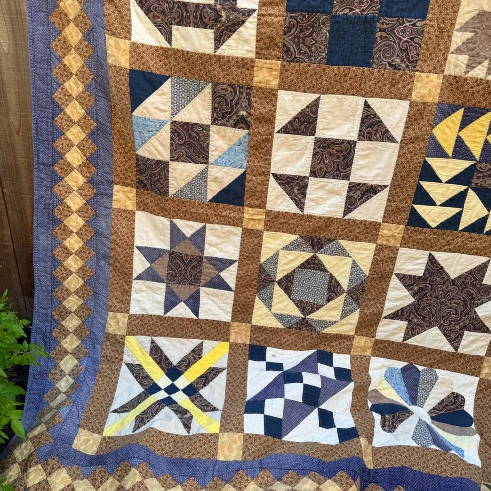 Vintage Patchwork Sampler Quilt Blanket Blue Brown Cotton Star Paisley Americana
